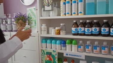 Eczanede beyaz laboratuvar önlüğü giyen esmer bir kadın. Kapalı mekanlarda çeşitli şişe ve konteynırlarla dolu raflarda ilaçlarını kontrol ediyor..