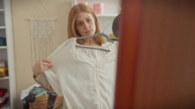 Genç kızıl saçlı kadın odasında kıyafet deniyor. Tarz ve seçim duygusunu yansıtıyor..