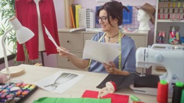 Etrafı dikiş malzemeleri ve makinelerle çevrili, iyi donanımlı bir atölyede terzilik yapan neşeli olgun bir kadın..