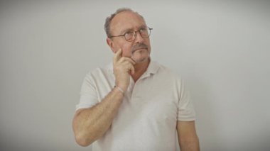 Gözlüklü, kendinden emin orta yaşlı bir adam, çenesi düşünceli bir parmağa tünemiş, şüphenin içinde kaybolmuş, beyaz bir duvara karşı izole edilmiş, derin bir şekilde konsantre olmuş, dalgın yüzü yukarı bakıyor, merak ediyor..