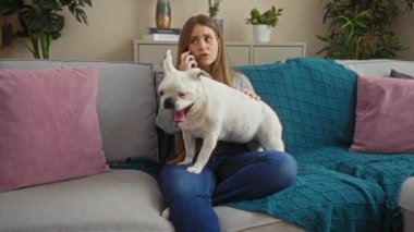Genç sarışın bir kadın oturma odasında oturuyor, kucağında beyaz bir köpekle konuşuyor, rahat dekorasyon ve ev bitkileriyle çevrili..
