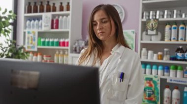 Genç, çekici bir kadın eczacı, bir eczanenin içinde duruyor, arkasında çeşitli ilaç ürünleri sergilenen bir bilgisayarın başında dikkatle çalışıyor..