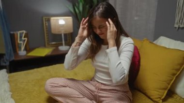 Uzun kahverengi saçlı ve beyaz gömlekli genç bir kadın, bir yatak odasında bir yatakta oturuyor, iki eliyle başını tutuyor, rahatsız ya da acı çekiyor gibi görünüyor..