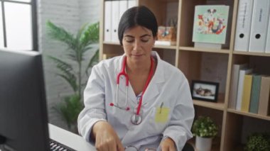 Steteskoplu, gözlüklü bir kadın doktor arka planda bitki ve raflarla dolu iyi ışıklandırılmış bir klinikte masasında çalışıyor..