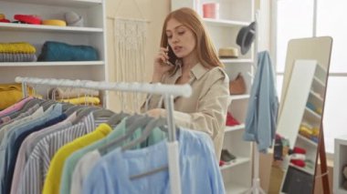 Bej renkli trençkotlu kızıl saçlı bir kadın, parlak bir soyunma odasında kıyafetleri incelerken telefonla konuşuyor..