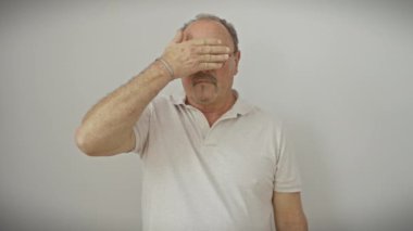 Gözlüklü orta yaşlı bir adam şokta, parmaklarının arasından yüzünü ve gözlerini kapatıyor. Ürkek bir bakışla, soyutlanmış beyaz arka plan üzerinde durarak.