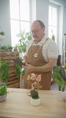 Elinde tablet olan neşeli, olgun bir adam parlak bir çiçekçide duruyor..