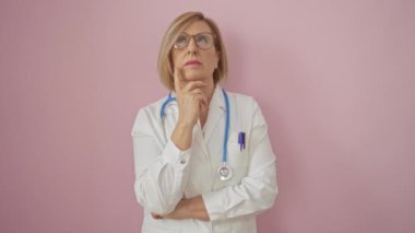 Düşünceli, olgun, sarışın, gözlüklü, beyaz önlüklü bir kadın doktor pembe arka planda duruyor.