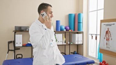 Klinikteki profesyonel bir adam, terapi ekipmanlarının arasında telefon görüşmesi yaparken zamanı kontrol eder..