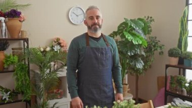 Önlük takan kendine güvenen sakallı bir adam çiçekçi dükkanında kolları çapraz duran, çeşitli bitki ve çiçeklerle çevrili bir adam..