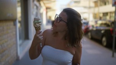 Gelibolu, Puglia, İtalya 'da güneşli bir caddede dondurma yiyen genç bir İspanyol kadın telefonunu tutuyor ve gözlük takıyor..