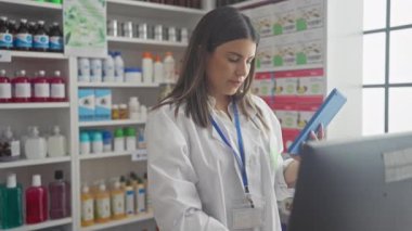 Genç bir kadın eczacı müşterilere yardım etmek ve envanteri yönetmek için bir tablet ve bilgisayar kullanarak iyi stoklanmış bir eczanede gayretle çalışır..