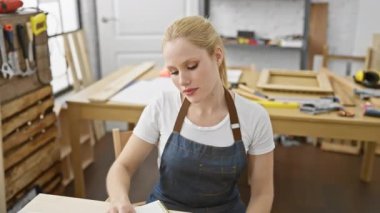 Heyecanlı sarışın marangoz, marangozluk stüdyosunda zafer ve başarıyı gururlu bir ifadeyle kutluyor.