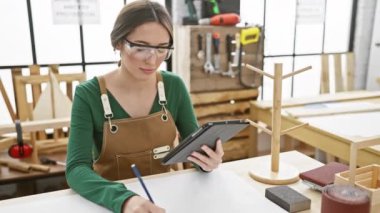 Atölyede çalışan bir kadın marangoz, ahşap bir modelle birlikte dijital tabletin planlarını inceliyor..