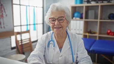 Klinikte gülümseyen yaşlı bir kadın doktor elleriyle kalp şekli oluşturuyor, bakım ve profesyonellik taşıyor..