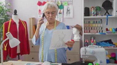 Son sınıf moda tasarımcısı telefonda konuşurken terzilik atölyesinde inceleme yapıyor.