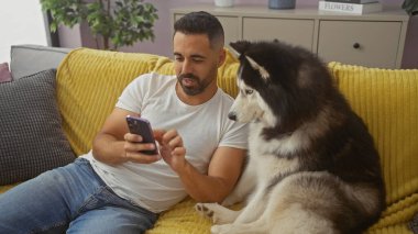 İspanyol bir adam akıllı telefonunun keyfini çıkarıyor. Kapalı alandaki sarı bir kanepede bir Husky 'nin yanında..