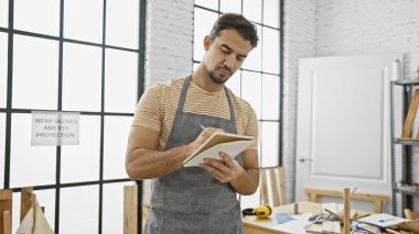 Güneşli bir atölyede sakal planlayan yakışıklı İspanyol bir adam..