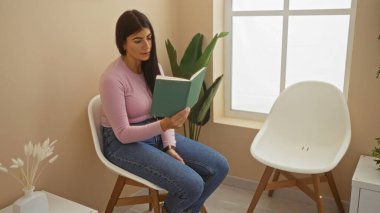 Modern kapalı bir odada doğal ışık ve minimalist dekorla oturmuş kitap okuyan genç bir İspanyol kadın..