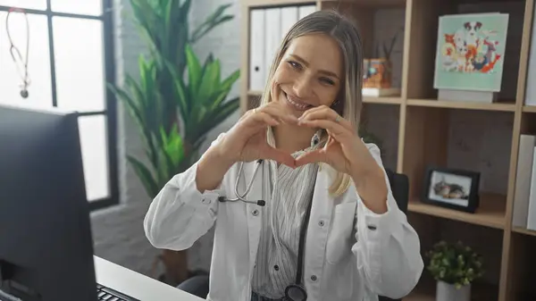 stock image A beautiful young blonde woman in a clinic, wearing a stethoscope, making a heart gesture with her hands, while smiling warmly in an indoor medical workplace.