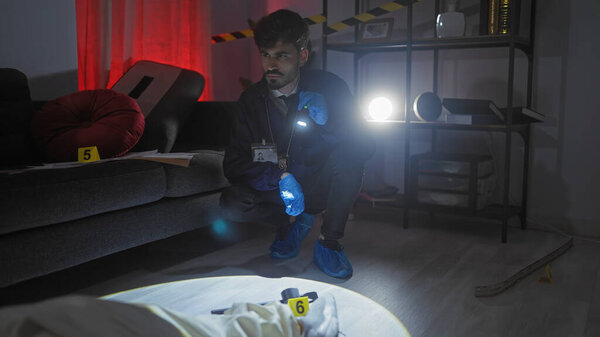 Man Beard Kneeling Nighttime Indoor Crime Scene Inspecting Evidence Focus Royalty Free Stock Images