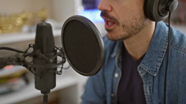 Bir müzik stüdyosunda sakallı İspanyol bir adam şarkı söylüyor, mikrofon ve kulaklık gösteriyor..