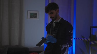 Yakışıklı İspanyol takım elbiseli adam olay yerinde ciddi bir ifade ve mavi eldivenle notlar alıyor..