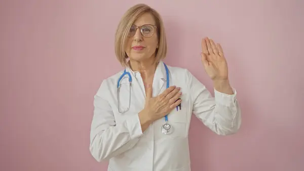 stock image Mature female doctor with blonde hair and glasses, isolated on a pink background, making a pledge gesture with one hand on her chest and the other raised.