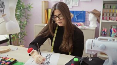 Stresli genç bir kadın dikiş malzemeleri ve kumaş çizimleriyle çevrili bir terzi dükkanında gözlüklerini çıkarıyor..