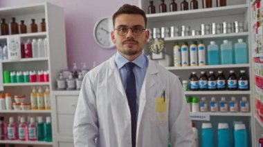 İyi stoklanmış bir eczanede duran İspanyol erkek eczacı, beyaz laboratuvar önlüğü ve mavi kravat takıyor, raflarda çeşitli tıbbi ürünlerin zeminine karşı bir pano tutuyor..