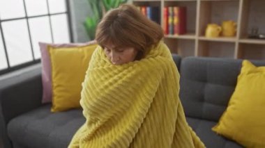 Olgun bir kadın kendini modern dekorlu rahat bir oturma odasında sarı bir battaniyeye sarar..