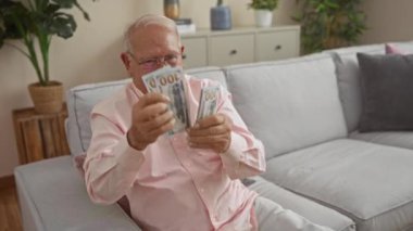 Parlak bir oturma odasında bize dolar sayan yaşlı bir adam. Kapalı bitkiler ve modern mobilyalar..