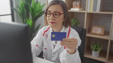 Olgun bir kadın doktor ofis masasında otururken kredi kartını inceler, sağlık ödemelerini sembolize eder..