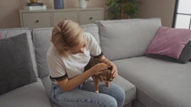 Genç sarışın bir kadın, Chihuahua 'sıyla rahat bir oturma odasında vakit geçirmekten hoşlanıyor..
