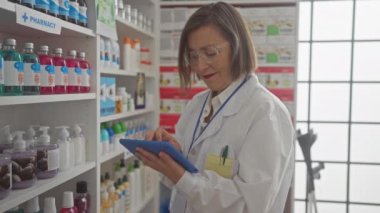 Olgun eczacı kadın, kapalı alandaki eczane rafları arasında dijital tablete danışmanlık yapıyor.
