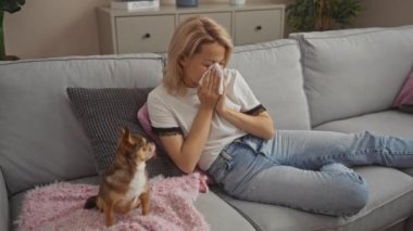Oturma odasındaki kanepede oturan genç sarışın bir kadın Chihuahua evcil hayvanıyla kendini iyi hissetmiyormuş gibi görünüyor ve ev ortamında çekilmiş bir mendil kullanıyor..