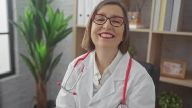 Klinikte gözlüklü, gülümseyen kadın doktor.