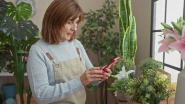 Kısa saçlı olgun bir kadın çeşitli yeşil bitkiler ve çiçeklerle çevrili bir çiçekçide akıllı telefon kullanır..