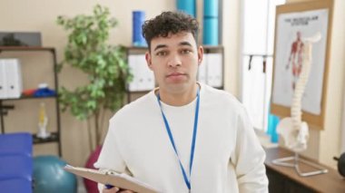 Fizyoterapi kliniğindeki neşeli, kendine güveni tam genç Arap adam, parmaklarının arasından neşeli bir şekilde bakıyor, el yazısı imzalarken parlak bir şekilde gülümsüyor, pano yedekte..