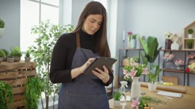 Genç bir kadın çiçekçi, çiçek dükkanında tablet kullanıyor. Etrafı yeni düzenlemeler ve bitkilerle çevrili. Modern bir botanik işine işaret ediyor..
