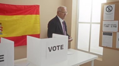 Arka planda İspanyol bayrağı ve bilgi panosuyla kapalı bir sandık merkezinde oy veren kıdemli beyaz adam..