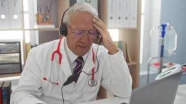 Klinikte oturan, beyaz önlüklü, yaşlı, gri saçlı bir adam, tıbbi ekipman ve dosyalarla çevrili bir kulaklık takıyor ve dizüstü bilgisayarına odaklanıyor..