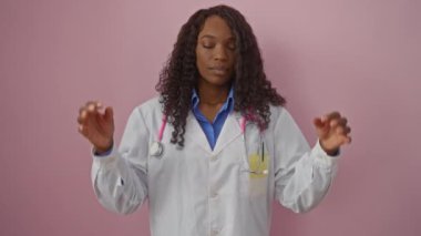 Genç Afro-Amerikan kadın doktor üniformasını giyip yoga meditasyonu yapıyor. Gözler kapalı, pembe arka planda rahatlamak için.
