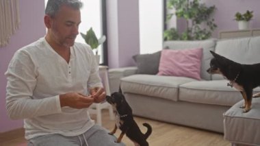 Orta yaşlı İspanyol bir adam sıcak bir oturma odasında iki chihuahua köpeğiyle etkileşime girer. Evcil hayvanlarına karşı sıcak ve özenli bir tavır sergiler..
