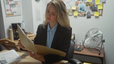 Odaklanmış bir kadın dedektif dağınık ofis masasında devam eden bir soruşturmayı gösteren bir dosyayı inceliyor..