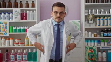 Sakallı ve gözlüklü genç bir İspanyol eczacı sağlam bir eczanede beyaz laboratuvar önlüğü ve çeşitli tıbbi ürünlerle çevrili mavi bir kravat takıyor..