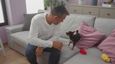 Orta yaşlı bir adam, sıcak bir oturma odasındaki kanepede oturan iki chihuahua ile etkileşime giriyor ve sıcaklık ve arkadaşlık sahnesi yaratıyor..