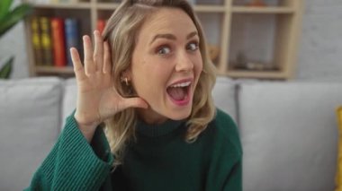 Kendine güvenen, genç, ciddi sarışın bir kadın koltuğunda oturuyor ve seni kameraların önünde evine çekiyor.