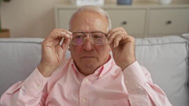 Oturma odasında pembe tişörtlü yaşlı bir adam tutmaktan gözlüğünü anlamlı bir yüzle çıkarmaya geçiyor..