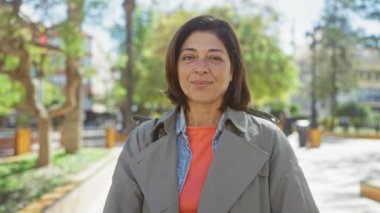 Gülümseyen orta yaşlı İspanyol kadın, gün ışığında elleriyle kalp şekli oluşturuyor.